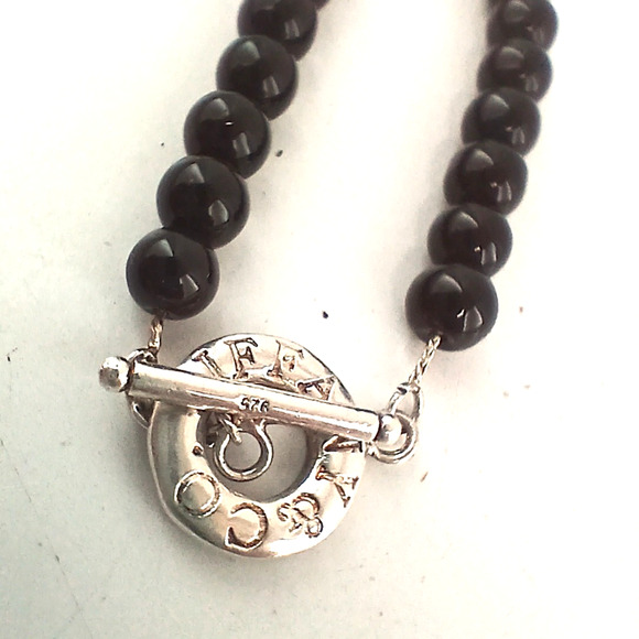 Tiffany & Co 925 Black Onyx Beaded Sterling Silver Toggle Bracelet 7.5" Vintage - Picture 3 of 7